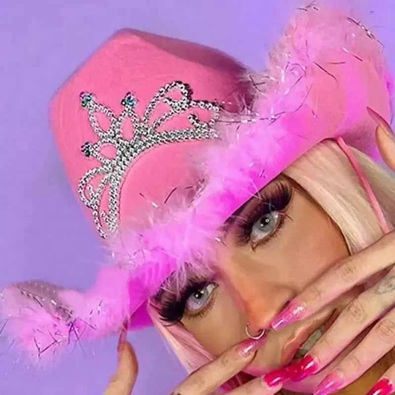 Women's Pink West Cowgirl Hat Girls Tiara Feather Felt Western Sequin Cowboy Cap Costume Party Dress Jazz Caps Cosplay Props