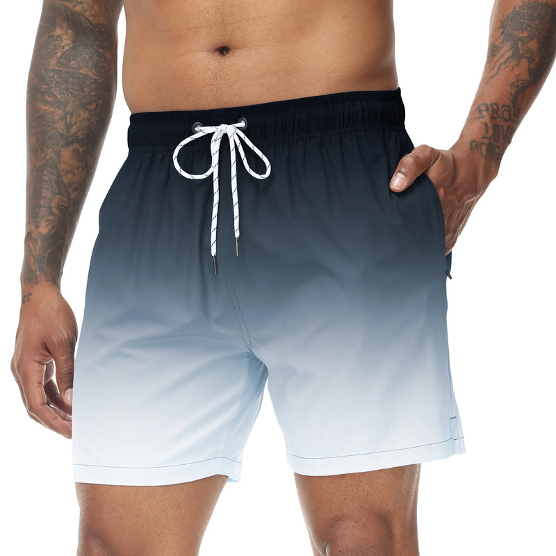 Men's Swim Trunks Gradient Swimming Shorts Quick Dry Beach Shorts with Zipper Pockets and Mesh Lining Fashion Swimsuit for Men