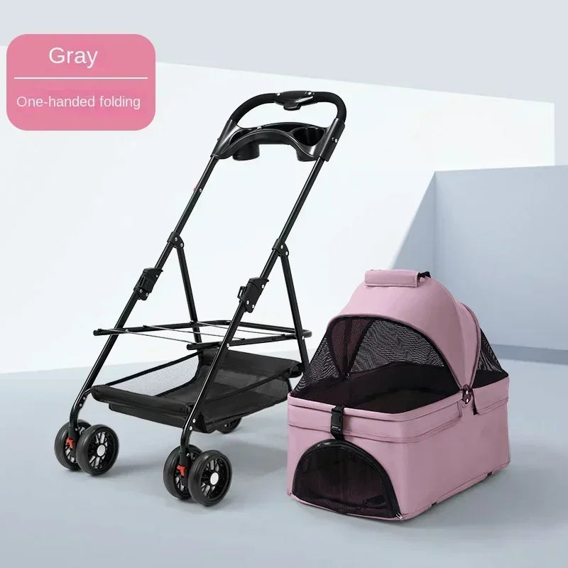 Suitable for dogs and cats to use outdoors. Foldable pet stroller, four-wheel dog travel cart, with storage basket