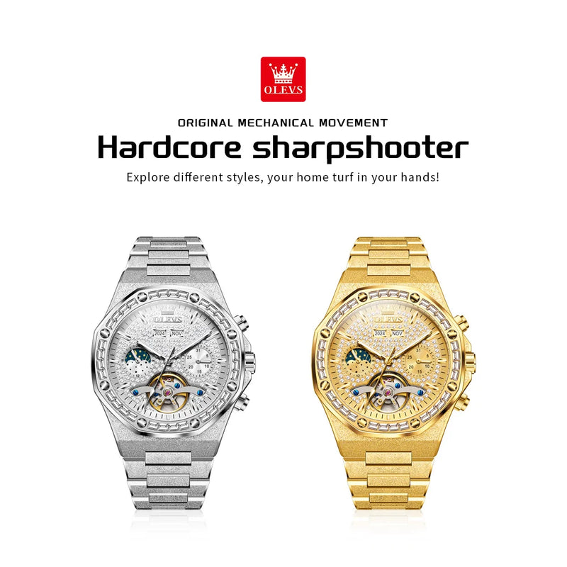 OLEVS 9805 High end Men Watches  Waterproof Moon Phase Diamond Dial Fashion Luxury Mechanical Watch Skeleton Original Wristwatch