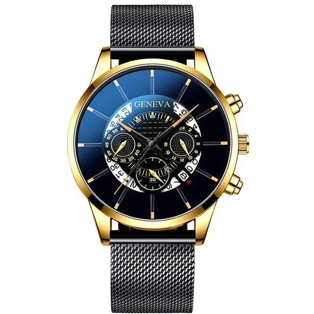 Luxury Hollow Out Men's Watches Fashion Business Calendar Blue Stainless Steel Mesh Belt Analog Quartz Watch Relogio Masculino