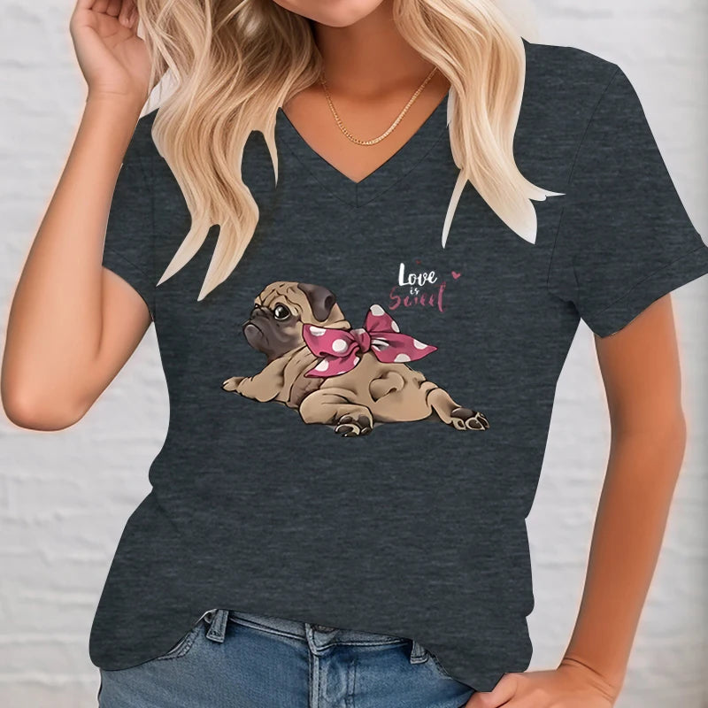 T-shirt Female Cute Dog Printed T-shirt Women V-neck Women's Shirt Dog Lover Shirt Youthful Woman Clothes Women's Clothing Sales