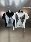 DEAT Fashion Trendy Women's Print Design Elastic T-shirt 2024 Summer New Items Round Neck Short Sleeves Tops Female 11XX9006