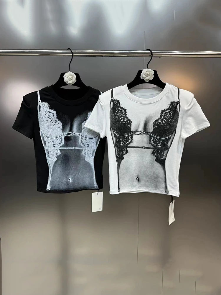 DEAT Fashion Trendy Women's Print Design Elastic T-shirt 2024 Summer New Items Round Neck Short Sleeves Tops Female 11XX9006