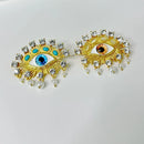 Retro Asymmetrical Contrasting Color Eye Sparkling Crystal Pearl Earrings Design Earring for Women