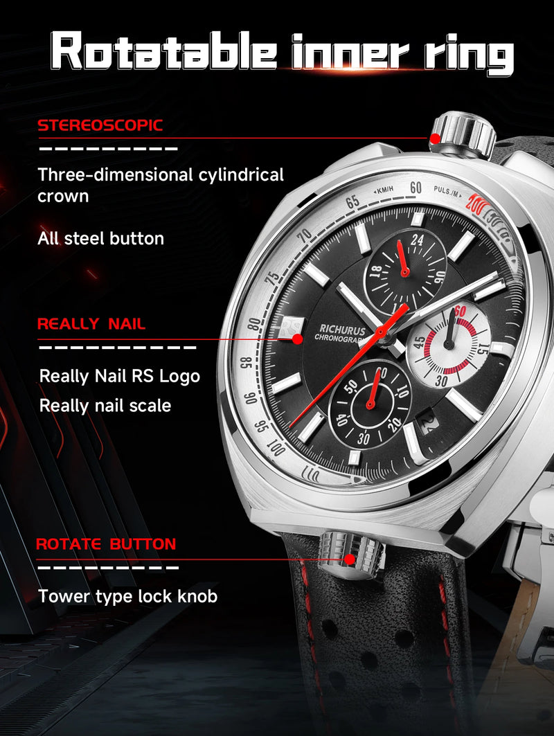 New Luxury Men Watches Multi-functional Sports Chronograph Stainless Steel Case 5ATM Waterproof Quartz Wristwatch Montre Homme