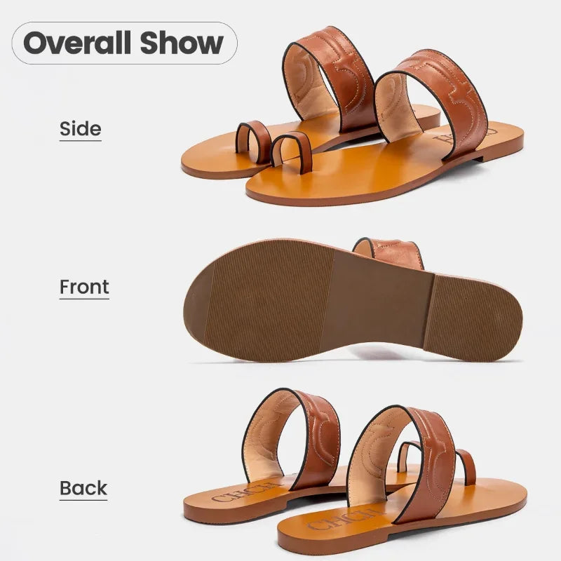 شبشب CH نسائي مسطح مانع للانزلاق من العلامة التجارية الفاخرة بتصميم عتيق مريح للشاطئ والصيف بمقدمة كبيرة للنساء