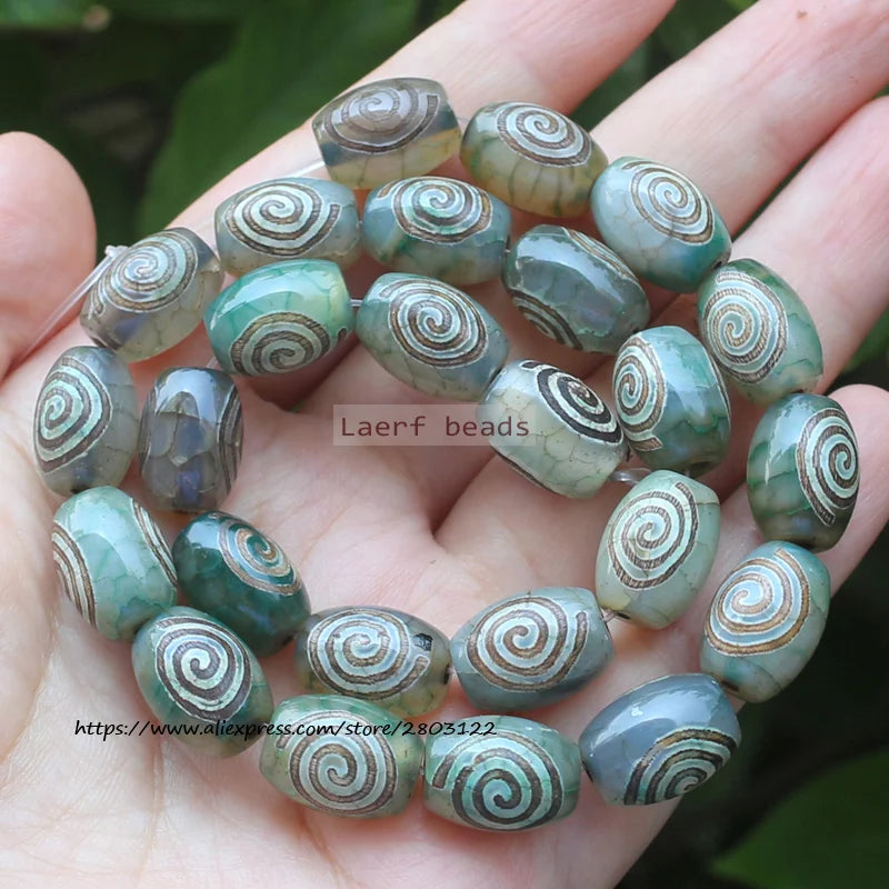 8pcs ,10x14mm Natural Green Agate Ancient Tibet Dzi beads, Many patterns, For DIY Jewelry making !
