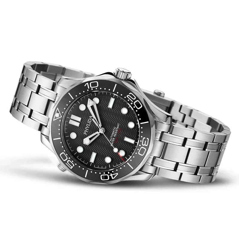 PHYLIDA Black Dial Diver 200 Men's Warch Sapphire Crystal NH38a Automatic Watch SLN BGW9 Lume SE-BK-38