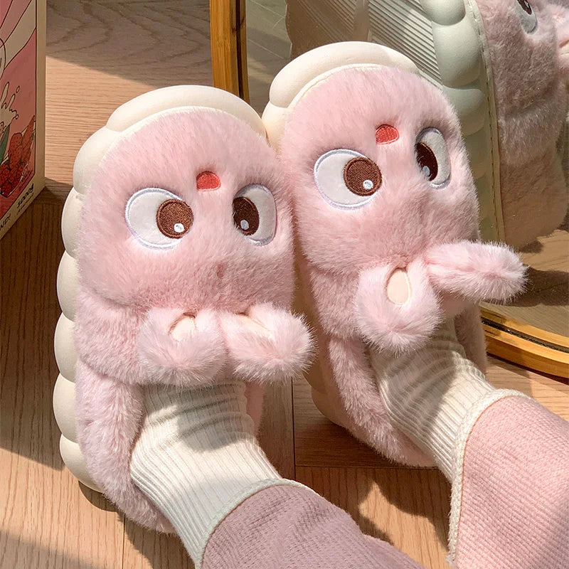 Cute Rabbit 2024 Women's Home Slippers Flat Heel New Women's Slippers Round Toe Casual Winter Warmth Daily Life Plaid Casual Autumn and Winter Shoes Fur Slippers Couple Slippers