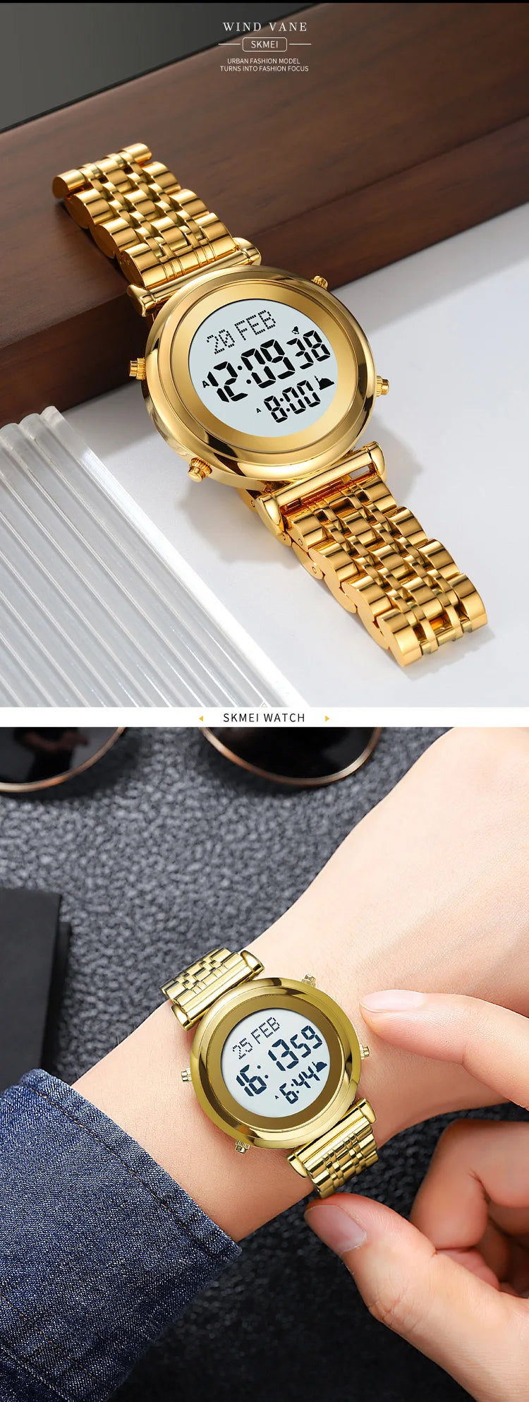 SKMEI 2139 Steel Muslim Azan Digital Watch Mens Back Light Waterproof  Wristwatch Prayer Qibla Compass Alarm Clock watch 1861