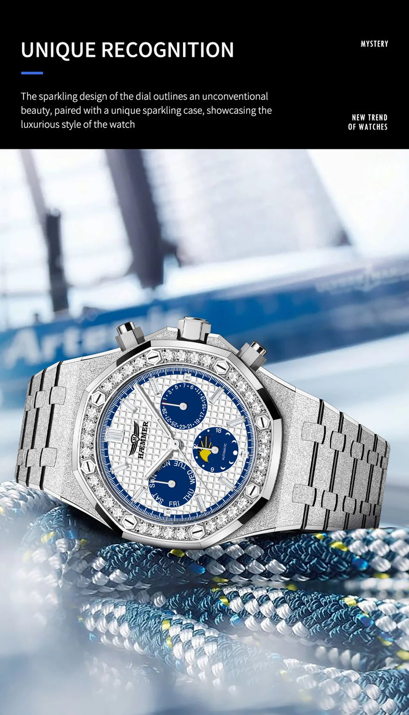 HAEMMER high-end design multifunctional men's watch stainless steel silver diamond face fashionable men's watch waterproof 30ATM