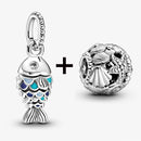 2Pcs/Lot Crystal Blue Scaled Fish Bead With Pendant Fit DIY Brand Charm Bracelet  For Women's Summer Jewelry To Making Gift