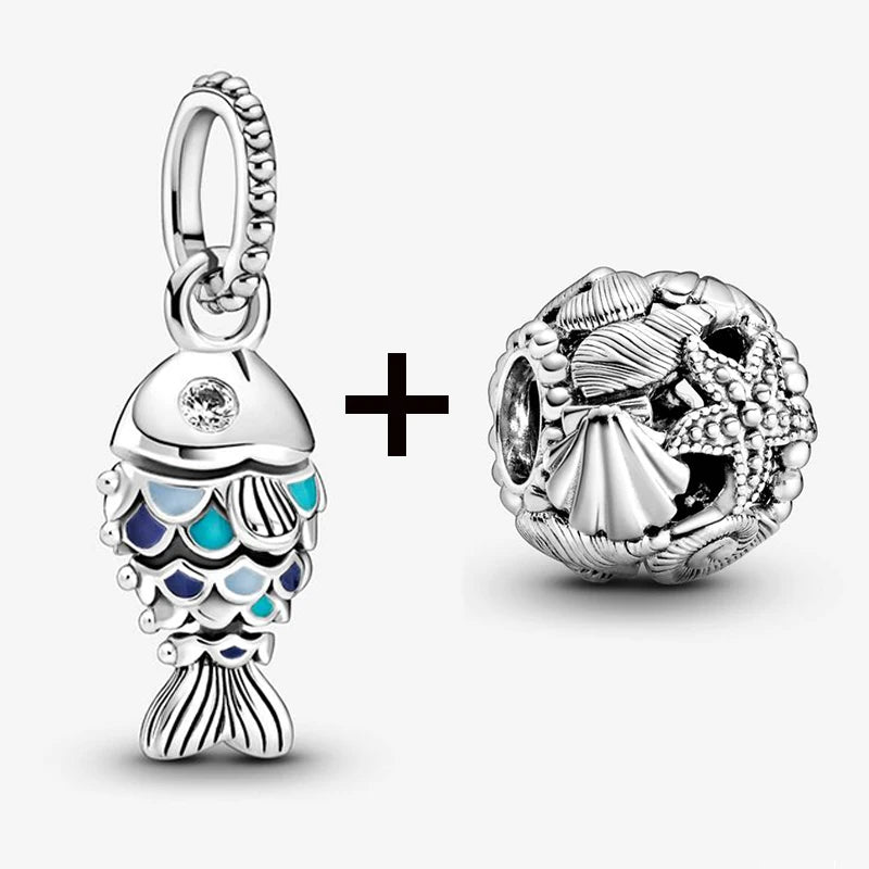 2Pcs/Lot Crystal Blue Scaled Fish Bead With Pendant Fit DIY Brand Charm Bracelet  For Women's Summer Jewelry To Making Gift