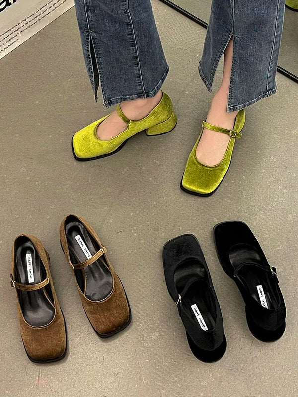 Women's Shoes High Heels 2023 New Spring and Autumn Square-headed Button with Thick Heel Suede Buckle Mary Jane