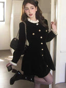 Korean Black Velvet Dresses for Women Single Breasted Long Sleeve Evening Party Dress Autumn Y2K Fashion A-line Vestido Mujer