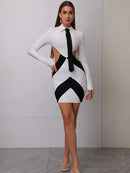 Women Sexy Long Sleeve Patchwork Black White Tie Cut Out Mini Bandage Dress 2023 Elegant Christmas Evening Club Party Dress