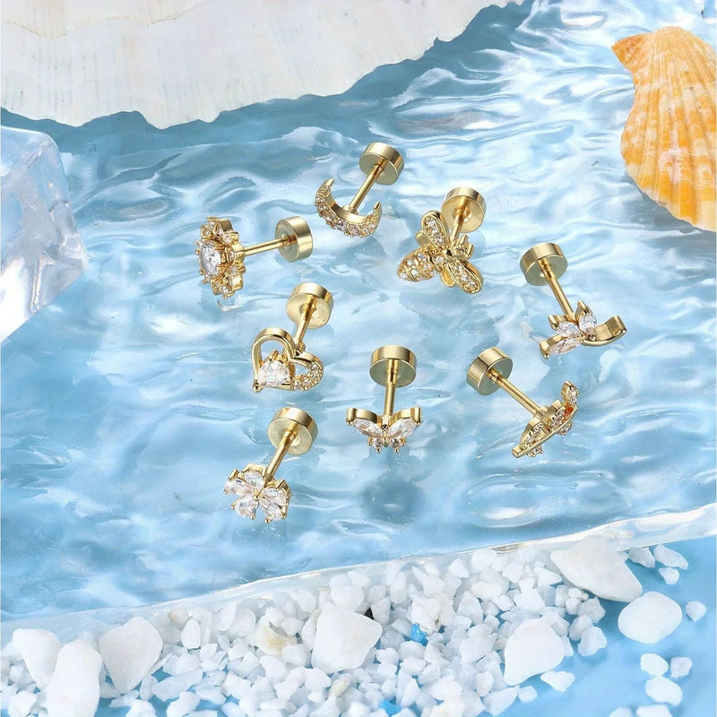 Drperfect 1 PC Earrings Stylish Safe Internally Threaded CZ Jewelry for Women and Men - Moon Heart-Shaped Bee Butterfly Designs