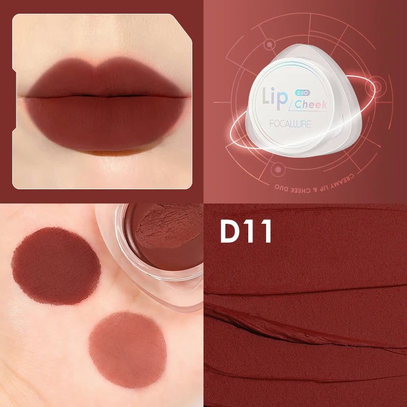 FOCALLURE 12 Colors Lip Cream Smooth Matte Lipstick Waterproof Long Lasting Moist Lip Cheek Dual-Use Women Beauty Cosmetic