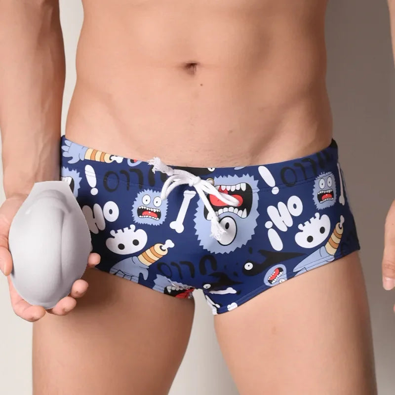 Men's Fashionable Swim Trunk Cartoon Printed Cup Stand Up Tie Up Hot Spring Beach Board Shorts Elastic Sprotswear Swimming Pants