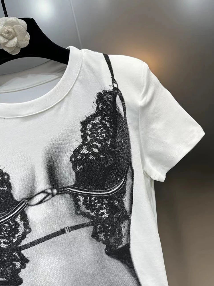 DEAT Fashion Trendy Women's Print Design Elastic T-shirt 2024 Summer New Items Round Neck Short Sleeves Tops Female 11XX9006