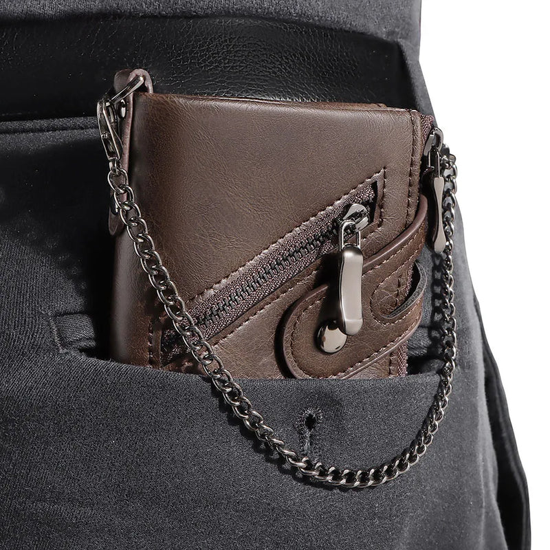 Classic retro Men's Chain Wallet RFID Anti-Theft Men's Leather Wallet Double Zipper Coin Purse Credit Card Holder for Men