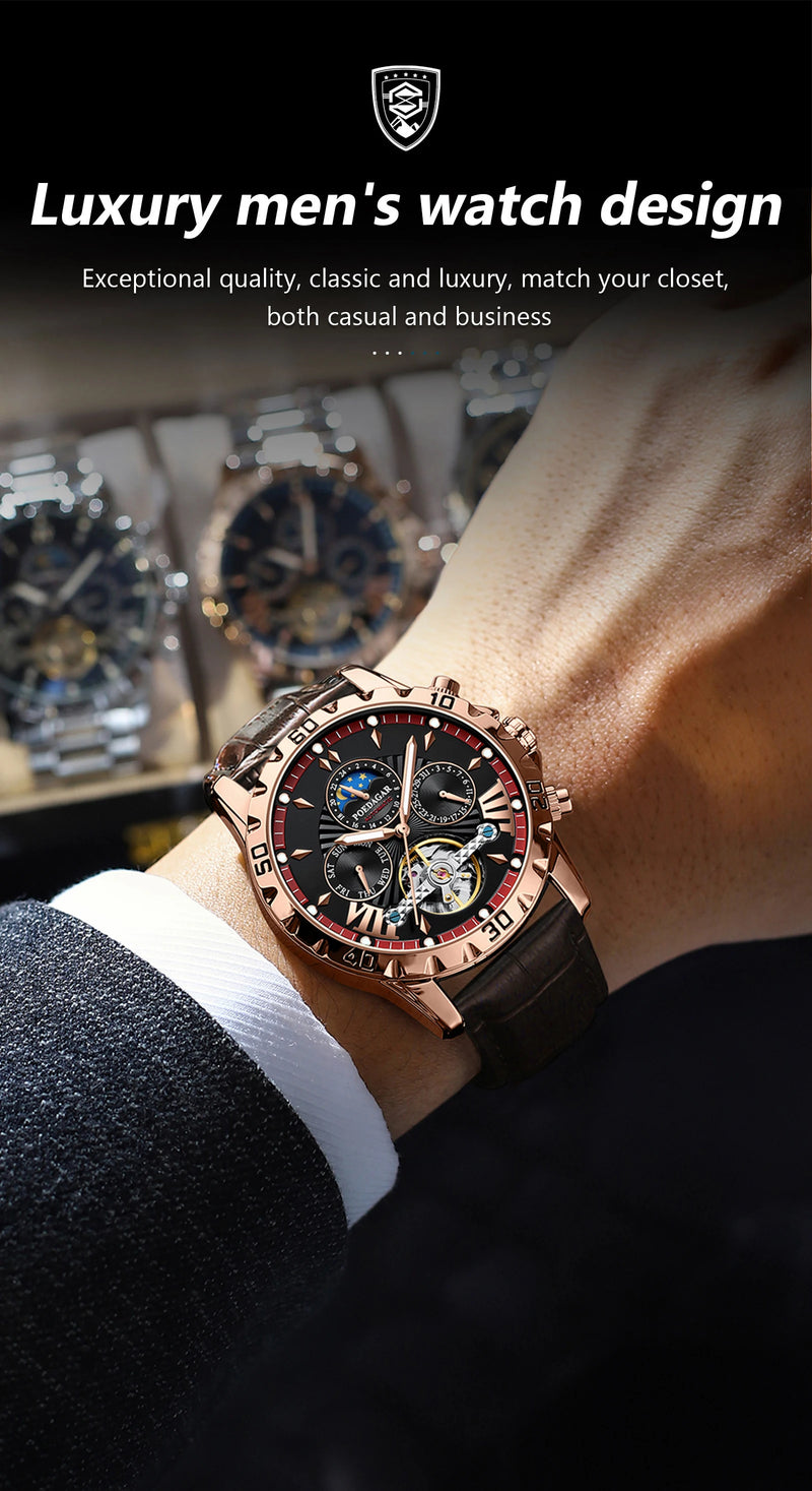 POEDAGAR Tourbillon Automatic Mechanical Wristwatch Waterproof Luminous Date Week Leather Men Watch Luxury Fashion Men's Watches