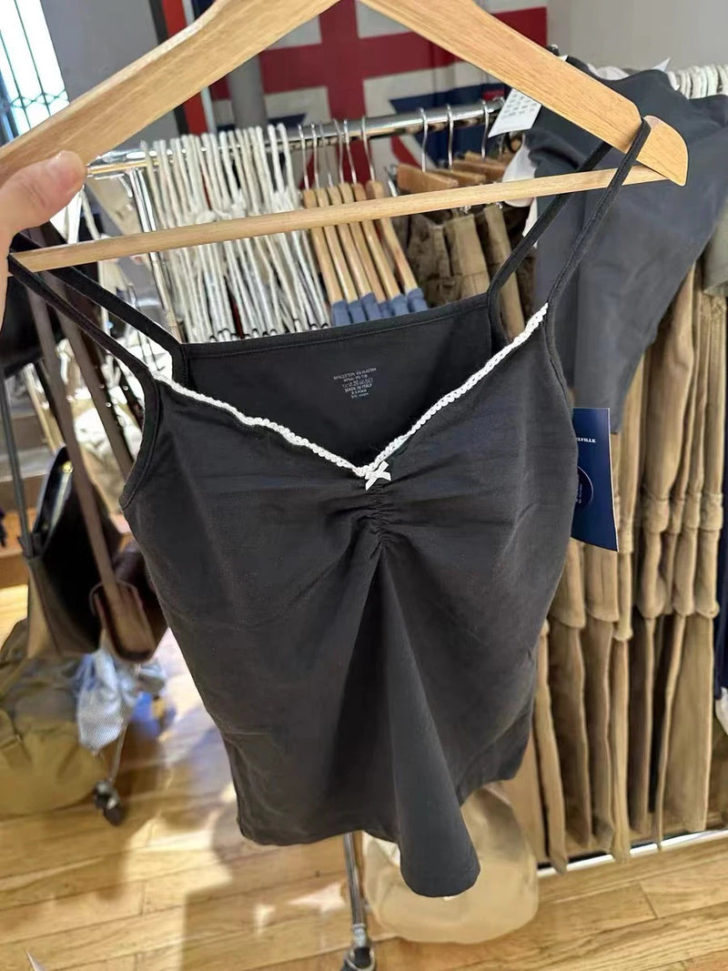 Folds V-neck Bow Black Tank Tops Women Lace Trim Cotton Sleeveless Slim Cropped Camisole Solid Vintage Sweet Summer Crop Top Y2k