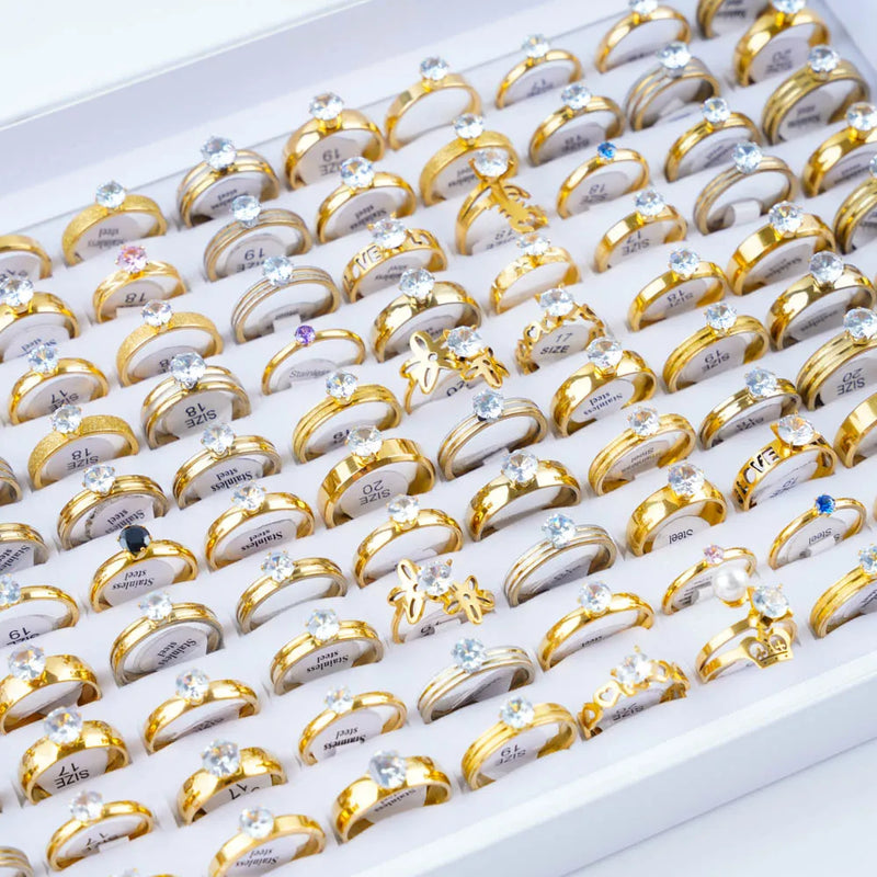 10Pcs/Lot Fashion Classic Rhinestone Stainless Steel Rings For Women Simple Shiny Colorful Finger Jewelry Wedding Party Gifts