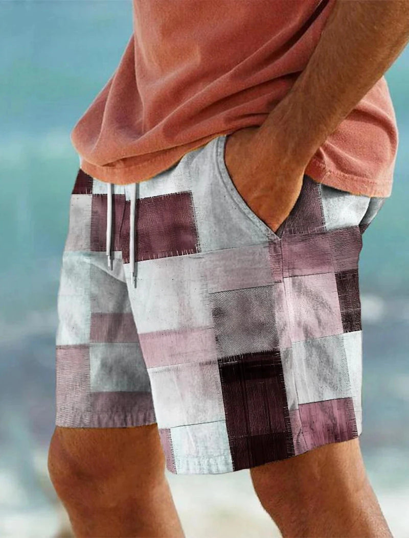 Men's Surf Shorts Drawstring Swim Trunks Elasticated Waistband Colourful Patchwork Quick Dry Shorts Hawaii Casual Micro Stretch