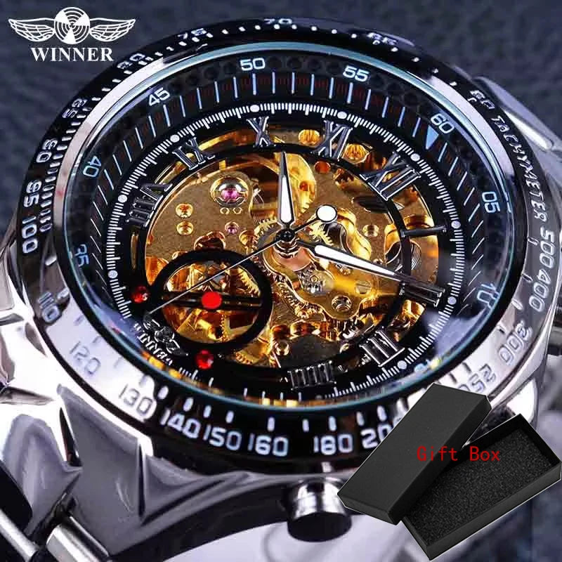 Winner Classic Series Golden Movement Steel Mens Skeleton Man Wrist Watch Mechanical Top Brand Luxury Fashion Automatic Watches