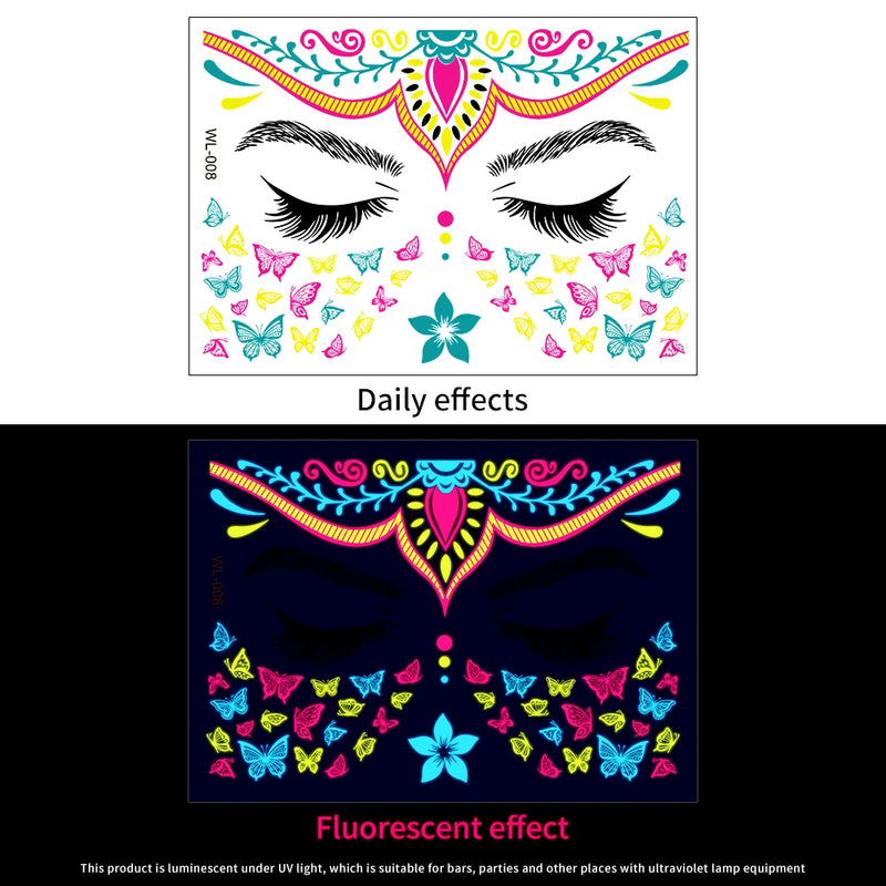 1Pc UV Neon Butterfly Flower Face Tattoo Stickers 14*15cm Waterproof Fluorescent Body Sticker for Club Party Makeup Face Sticker