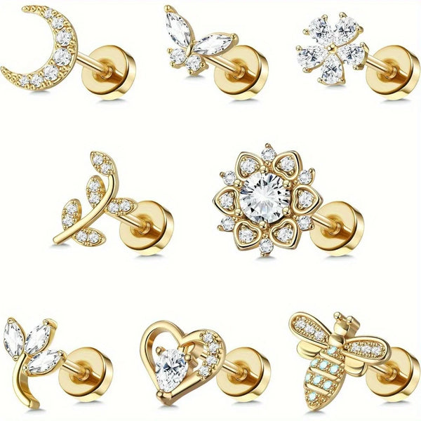 Drperfect 1 PC Earrings Stylish Safe Internally Threaded CZ Jewelry for Women and Men - Moon Heart-Shaped Bee Butterfly Designs