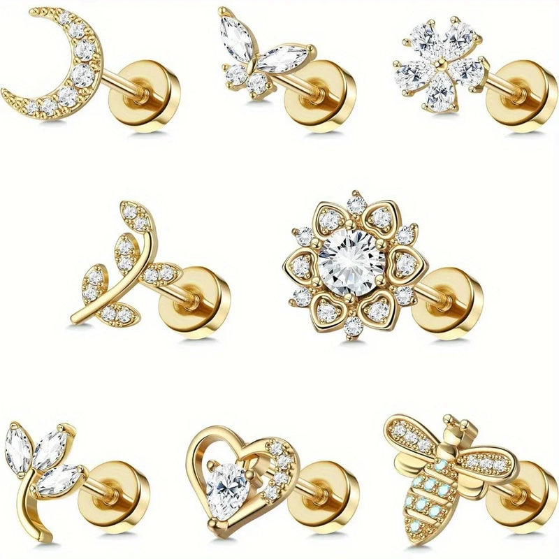 Drperfect 1 PC Earrings Stylish Safe Internally Threaded CZ Jewelry for Women and Men - Moon Heart-Shaped Bee Butterfly Designs