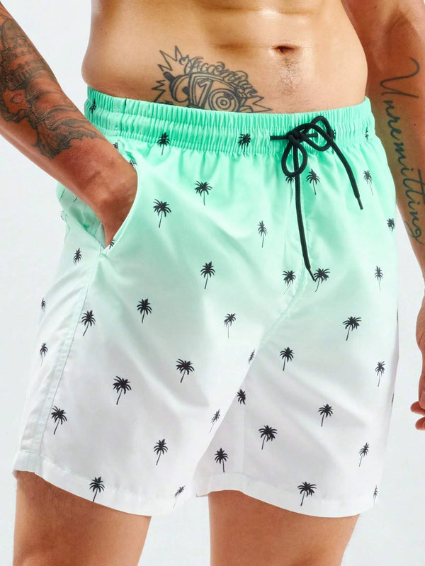 Summer Men's Beach Short Coconut Tree Drawstring Men's swim Trunks Elastic Waist 3D Print Gradient Breathable Short Streetwear