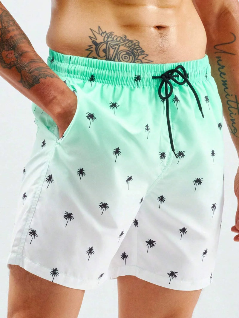 Summer Men's Beach Short Coconut Tree Drawstring Men's swim Trunks Elastic Waist 3D Print Gradient Breathable Short Streetwear