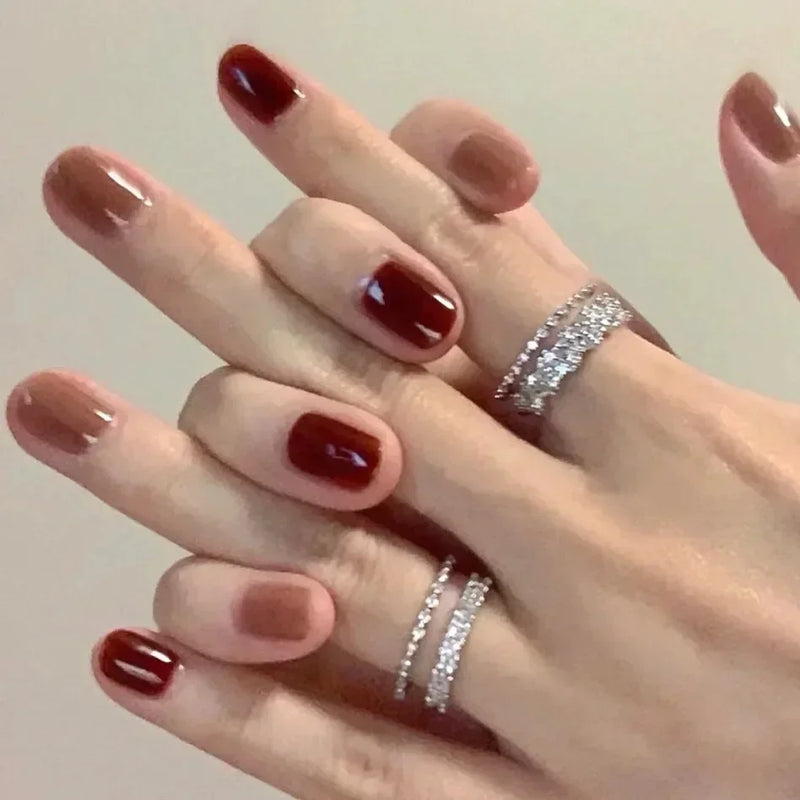 24pcs Wine Red Long Round Coffin Fake Nails With Glue Finished Art Full Cover Artificial Wearing False Nails Press On Nails Set