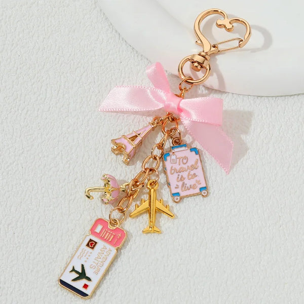 Pink Ticket Luggage Plane Eiffel Tower in Paris Enamel Keychain Love Romantic Key Ring For Women Girls Travel Enthusiasts Gift