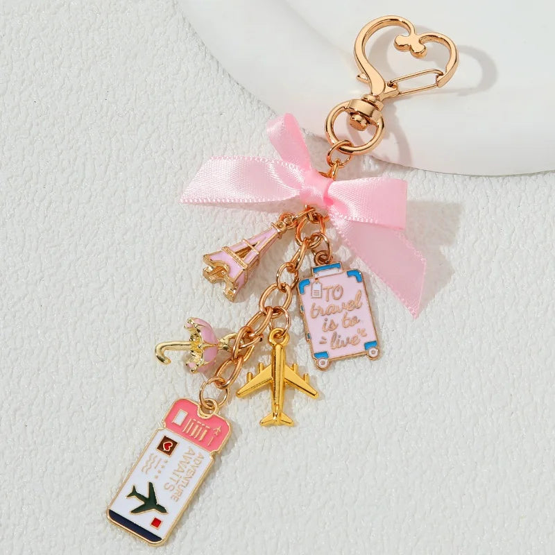 Pink Ticket Luggage Plane Eiffel Tower in Paris Enamel Keychain Love Romantic Key Ring For Women Girls Travel Enthusiasts Gift