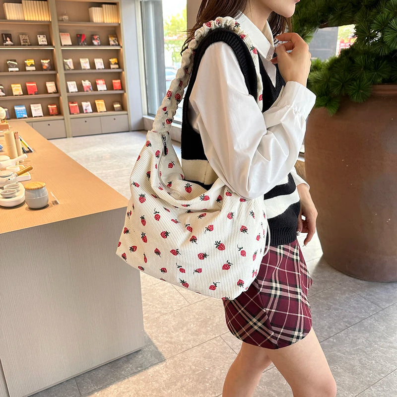 Women Cute Printing Crossbody Bag with Ruched Strap Strawberry Pattern Satchel Bag Large Capacity Female Travel Casual Bag