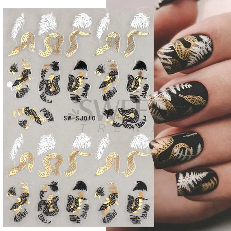 3D Snake Laser Stickers for Manicure Black Gold Abstract Leaves Luxury Nail Art Adhesive Slider Polish Decor Decals SASW-SJ
