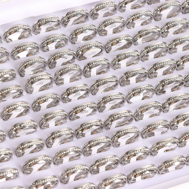 10Pcs/Lot Fashion Classic Rhinestone Stainless Steel Rings For Women Simple Shiny Colorful Finger Jewelry Wedding Party Gifts