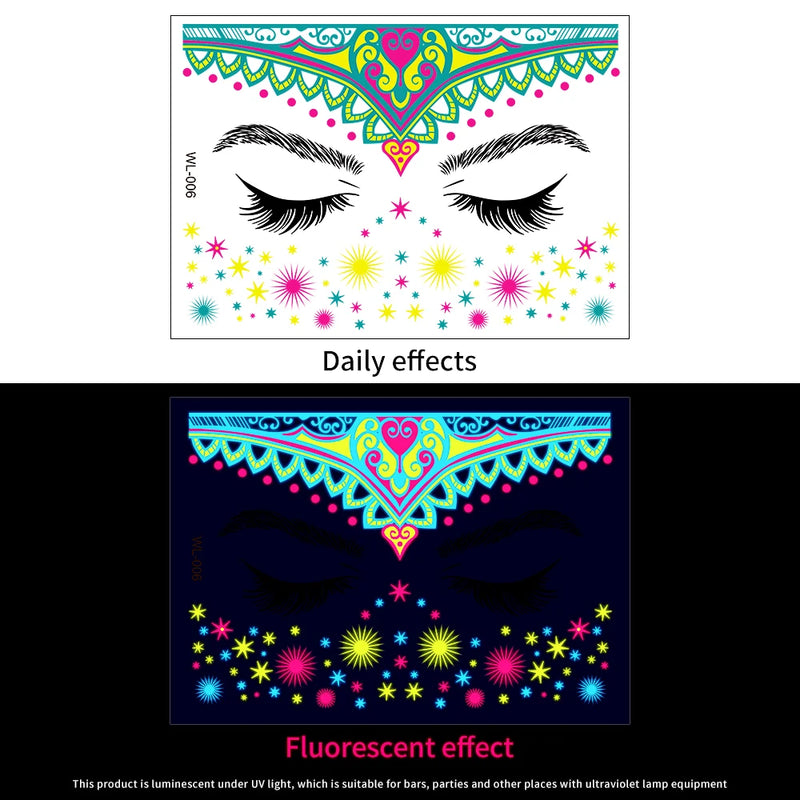 1Pc UV Neon Butterfly Flower Face Tattoo Stickers 14*15cm Waterproof Fluorescent Body Sticker for Club Party Makeup Face Sticker