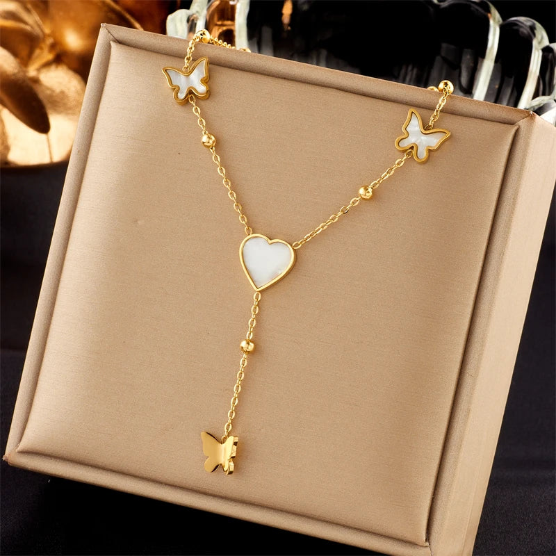 DIEYURO 316L Stainless Steel Heart Butterfly Long Pendant Necklace For Women New Trend Girls Clavicle Chain Party Jewelry Gifts