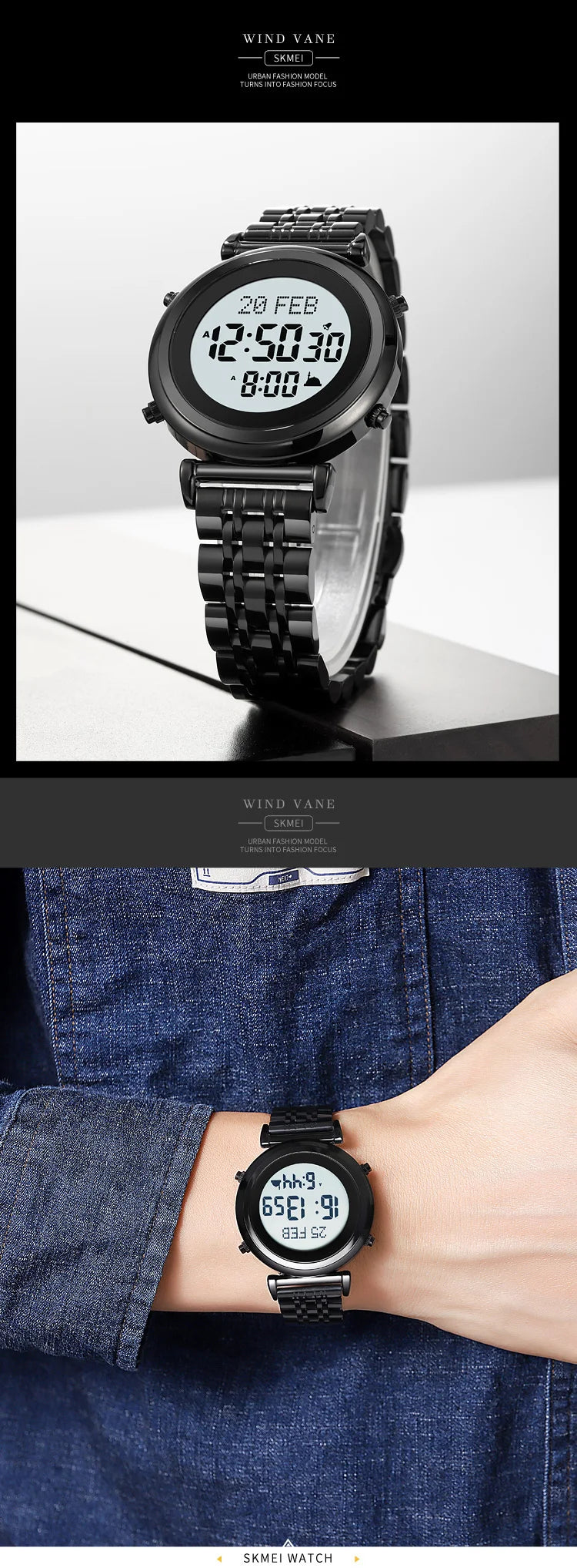 SKMEI 2139 Steel Muslim Azan Digital Watch Mens Back Light Waterproof  Wristwatch Prayer Qibla Compass Alarm Clock watch 1861