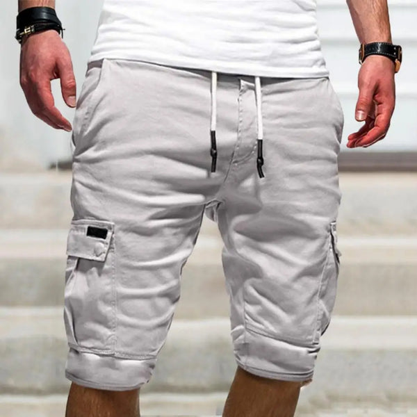 Mid-Rise Elastic Waistband Drawstring Men Shorts Solid Color Loose Fitness Cargo Shorts Multi Pockets Streetwear