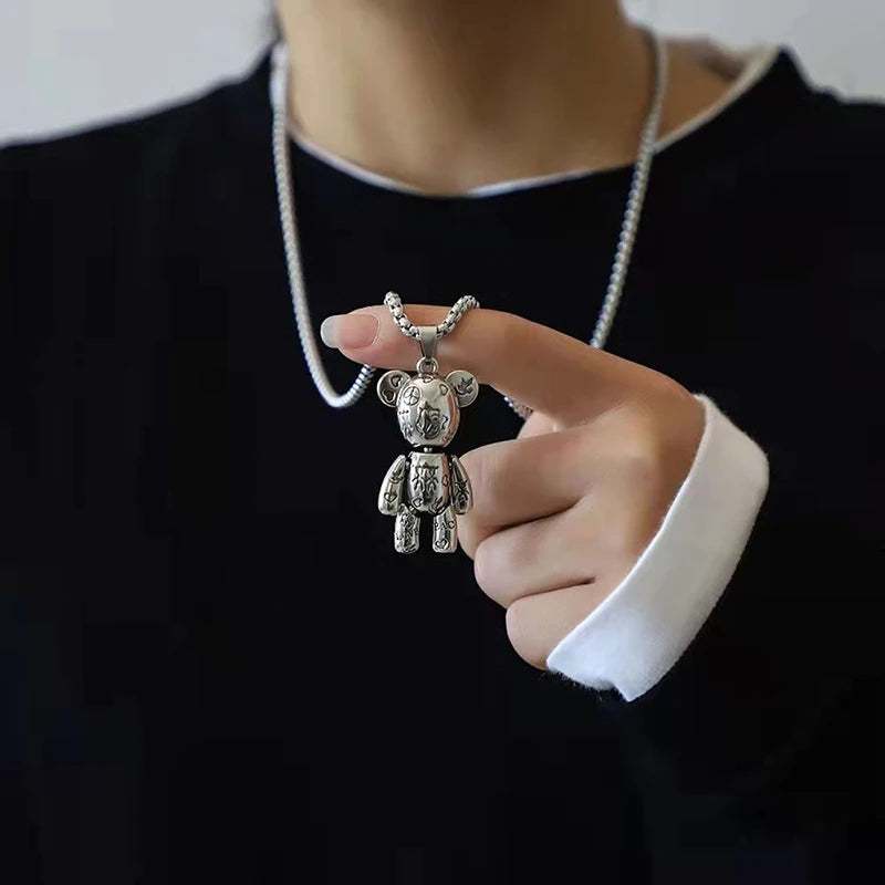 Fashion Cute Hip Hop Bear Pendant Necklace for Men & Women Punk Wind Titanium Steel Sweater Chain Jewelry Set Lovers Gift