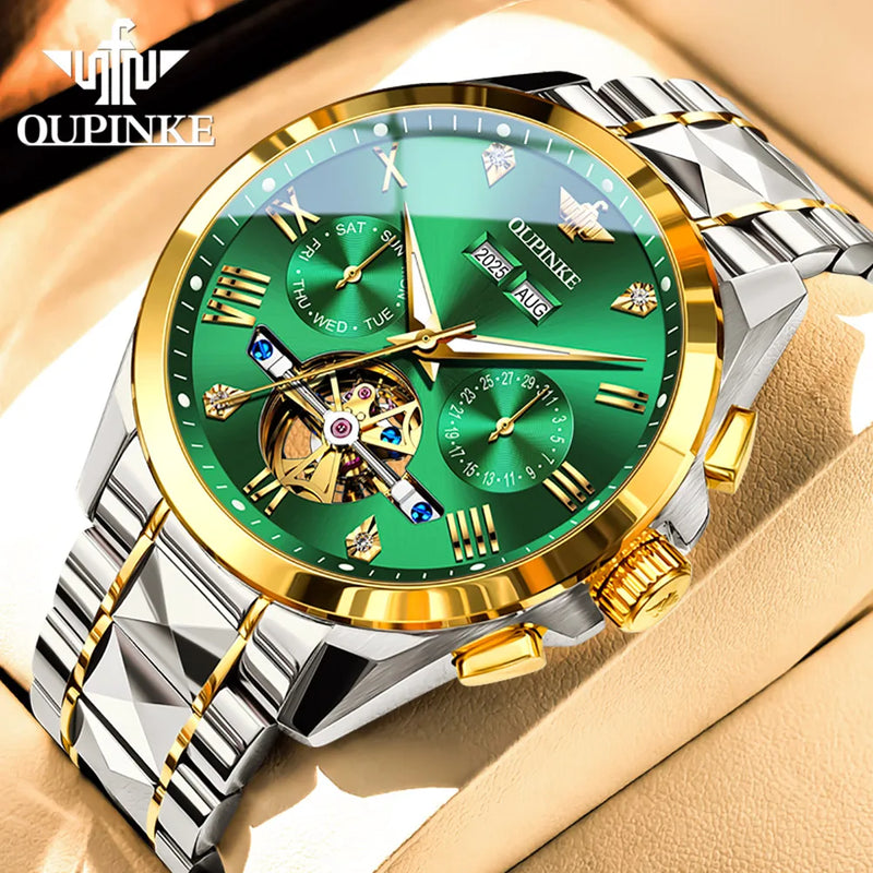 OUPINKE 3240 Automatic Watches Men 44mm Large Dial Tungsten Steel Strap Skeleton Flywheel Mechanical Watch for Men Luxury Watch