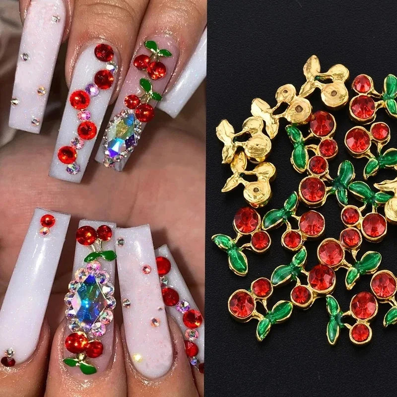 10PCS Alloy 3D Nail Art Cherry Charms Rhinestone Fruit Nails Decoration Supplies Jewelry Accessories Parts Manicure Materails