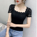 Lace square collar short-sleeved top for women summer